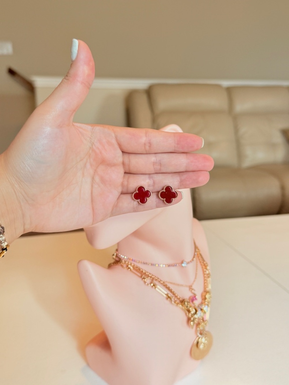 Gold Red Clover Stud Earrings - Picture 11 of 11